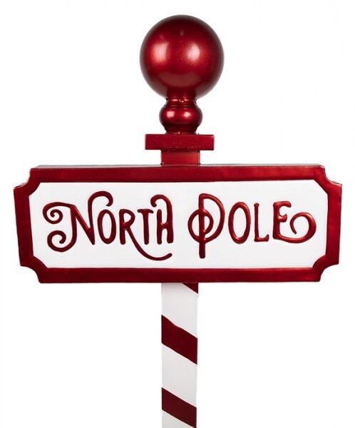 Červeno-bílá vánoční dekorace kovová značka s nápisem North Pole – 46x18x110 cm