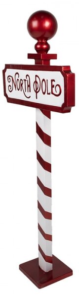 Červeno-bílá vánoční dekorace kovová značka s nápisem North Pole – 46x18x110 cm