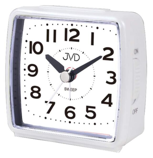JVD Bílý tichý ručkový budík s LED osvětlením s plynulým chodem JVD SRP7602.3 SKLAD