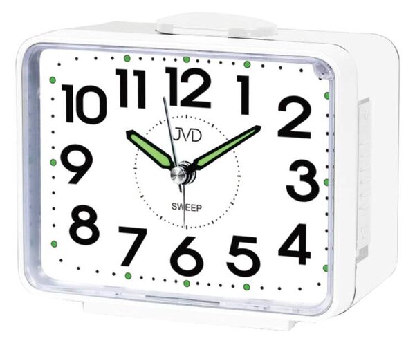 JVD Bílý tichý ručkový budík s LED osvětlením s plynulým chodem JVD SRP1101.3