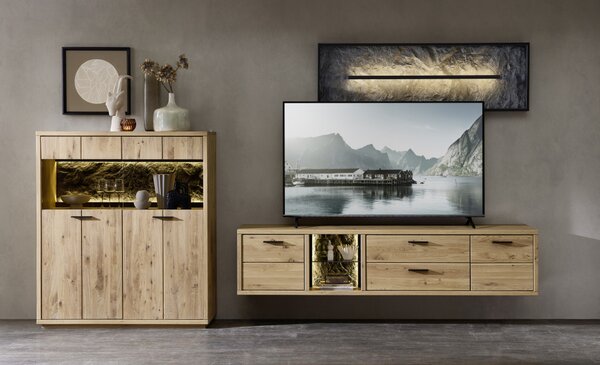 Závěsný TV stolek ROCA III (Dub Bianco + Černá)