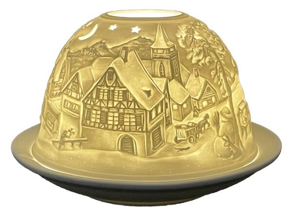 Bílý porcelánový svícen na čajovou svíčku vesnice s noční oblohou – 12x8 cm