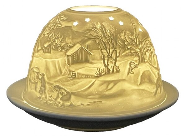 Bílý porcelánový svícen na čajovou svíčku vesnice s noční oblohou – 12x8 cm