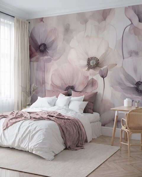 Fototapety Světle růžové a bílé máky s jemnými okvětními lístky, Fototapety s květinami, w10029v1 : uwalls.cz