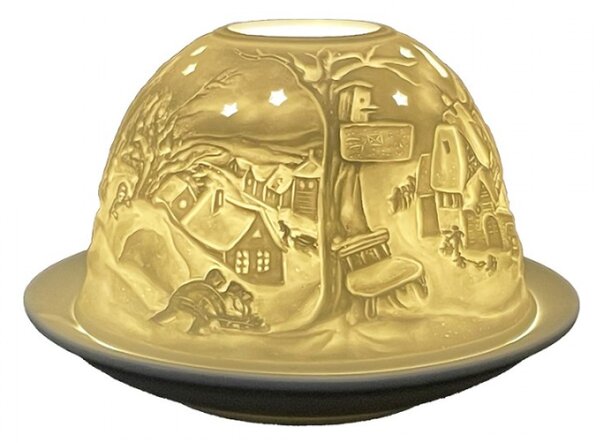 Bílý porcelánový svícen na čajovou svíčku vesnice s noční oblohou – 12x8 cm