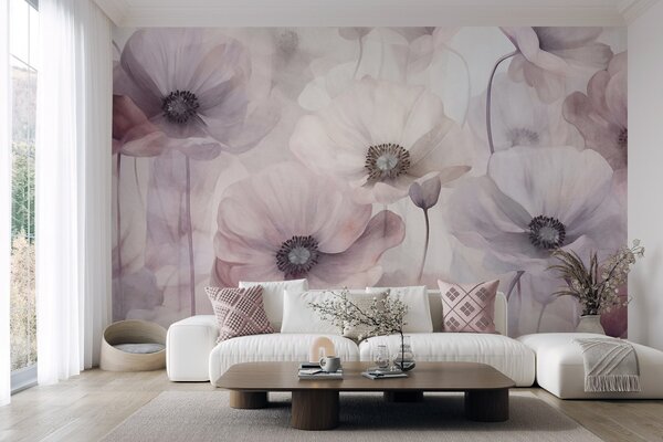 Fototapety Světle růžové a bílé máky s jemnými okvětními lístky, Fototapety s květinami, w10029v1 : uwalls.cz