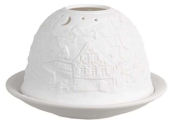Bílý porcelánový svícen na čajovou svíčku vesnice s noční oblohou – 12x8 cm