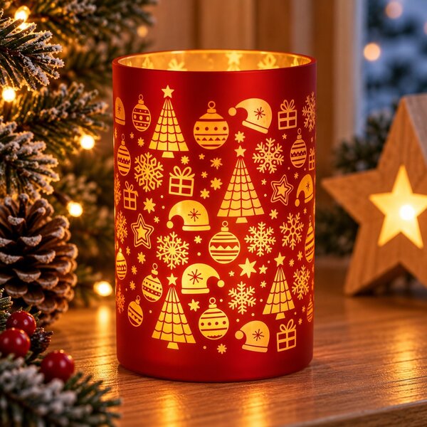 Červený skleněný LED svícen s vánočními ozdobami 16 cm 9305403A