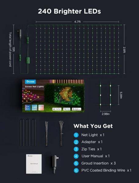 Govee - LED RGBIC Venkovní světelná síť 143x85cm Wi-Fi Matter IP65