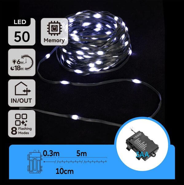 Aigostar -LED Venkovní řetěz 50xLED/8 funkcí 3xAA 5,3m IP44 studená bílá