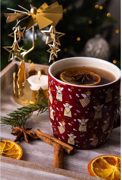 Hrnek keramika 380ml HOLIDAY SPIRIT v krabičce, červená, krémová