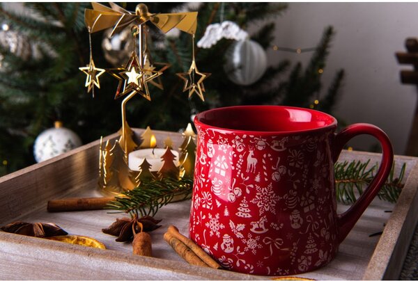 Hrnek keramika 300ml HOLLY JOLLY v krabičce, červená, krémová
