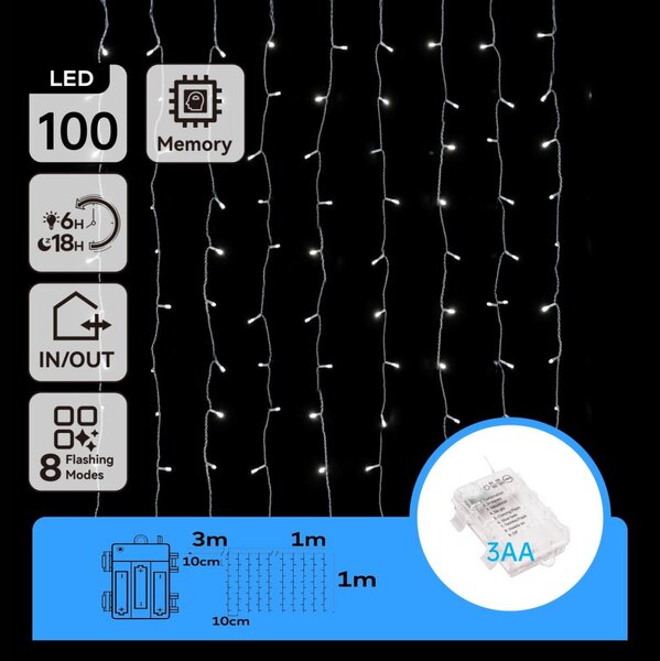 Aigostar-LED Venkovní řetěz 100xLED/8 funkcí 3xAA 4x1m IP44 studená bílá