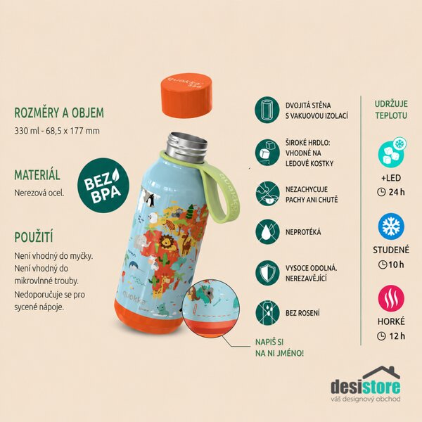Dětská termoláhev Solid, 330ml, Quokka, mapy