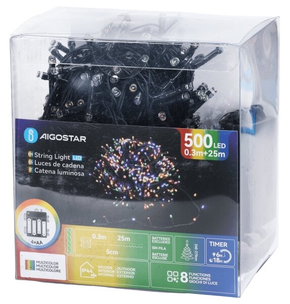 Aigostar - LED Venkovní vánoční řetěz 500xLED/8 funkcí 4xAA 25,3 m multicolor