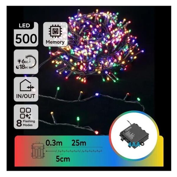 Aigostar - LED Venkovní vánoční řetěz 500xLED/8 funkcí 4xAA 25,3 m multicolor