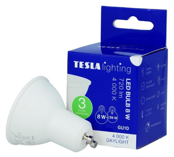TESLA lighting Tesla - LED žárovka GU10, 8W, 230V, 720lm, 25 000h, 4000K denní bílá, 100°