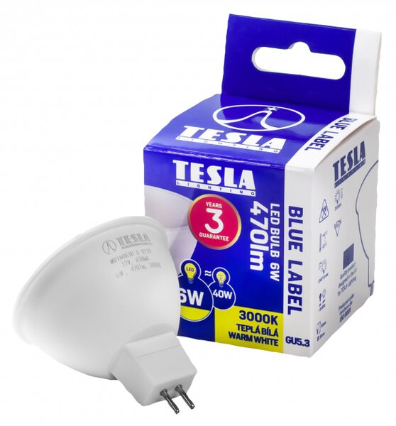 TESLA lighting Tesla - LED žárovka GU5,3 MR16, 6W, 12V, 470lm, 25 000h, 3000K teplá bílá, 100°