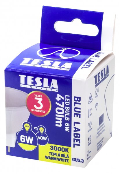 TESLA lighting Tesla - LED žárovka GU5,3 MR16, 6W, 12V, 470lm, 25 000h, 3000K teplá bílá, 100°