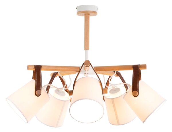 Light for home - Lustr na tyči s dřevěnými prvky a koženými řemínky 60405 "RIONI", 5x40W, E27, bílá, přírodní olše, hnědá kůže