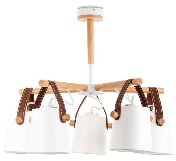 Light for home - Lustr na tyči s dřevěnými prvky a koženými řemínky 60405 "RIONI", 5x40W, E27, bílá, přírodní olše, hnědá kůže
