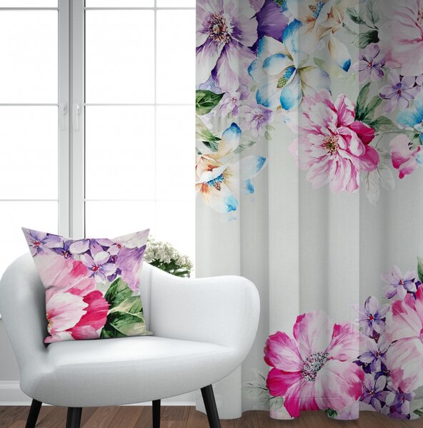Ervi Saténový závěs DELUXE - Malované růžové a fialové květy
