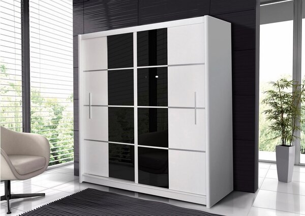 Šatní skříň s posuvnými dveřmi HONVORI 203, bílá/černé sklo