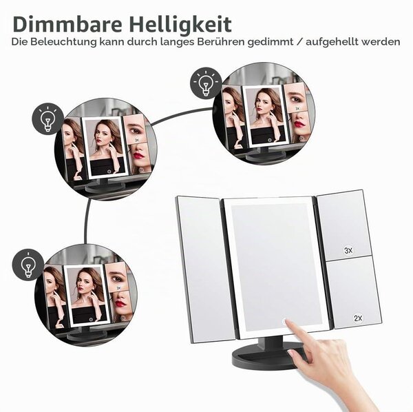 Zrcadlo WEILY, trojité skládací kosmetické zrcadlo s 2x/3x zvětšením, 36 LED diodami a dvěma režimy napájení, stolní kosmetické zrcadlo