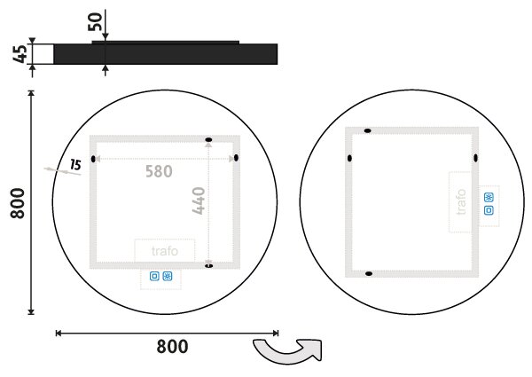 Nimco Černé LED zrcadlo 26W, Ø 80 cm se dvěma dotykovými senzory