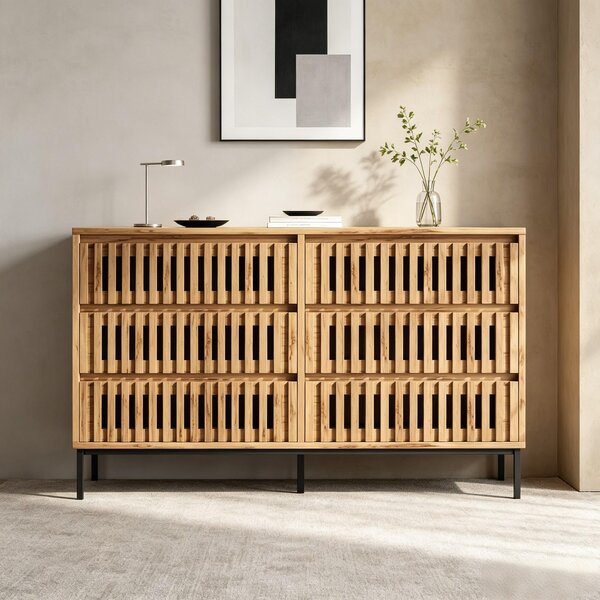 Komoda se šesti zásuvkami, rozměry 120x40x81 cm, vyrobená z MDF a dřevotřísky v barvě dřeva, s designem s mřížkou, vhodná do obývacího pokoje, ložnice a chodby