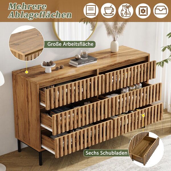 Komoda se šesti zásuvkami, rozměry 120x40x81 cm, vyrobená z MDF a dřevotřísky v barvě dřeva, s designem s mřížkou, vhodná do obývacího pokoje, ložnice a chodby