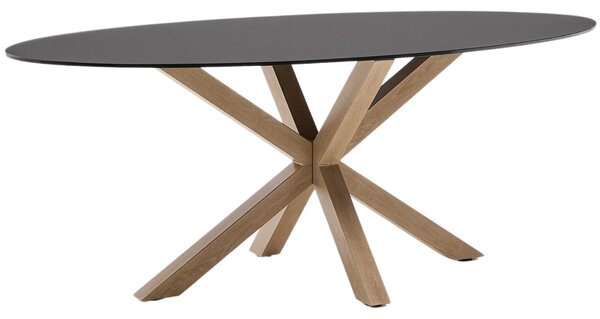 Matně černý skleněný jídelní stůl Kave Home Argo 200 x 100 cm s přírodní kovovou podnoží