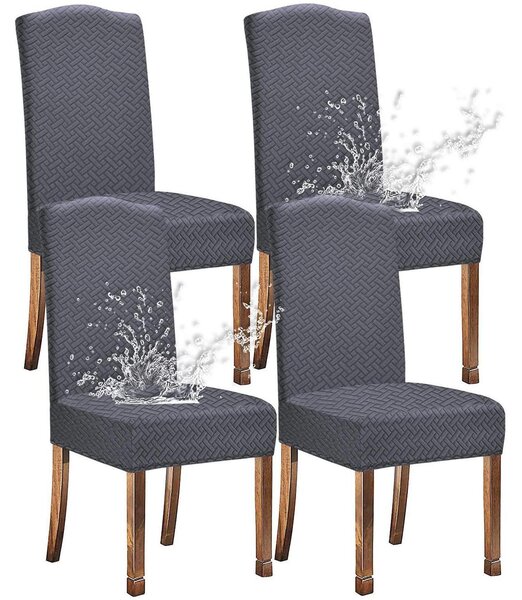 Potahy na židle z tkaniny Jacquard, vzor: mřížka, voděodolné, barva: šedá, sada 4 kusů
