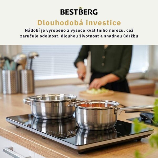 15dílná sada nerezových hrnců a nepřilnavých pánví BestBerg BBSC-15 / stříbrná