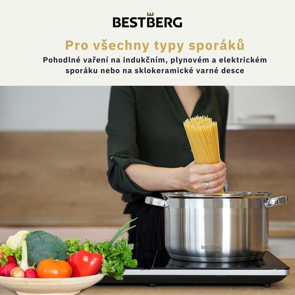 15dílná sada nerezových hrnců a nepřilnavých pánví BestBerg BBSC-15 / stříbrná