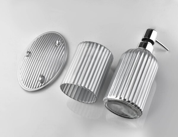 Bathlab Koupelnová sada ARI 400ml stříbrná - dávkovač s držákem mýdla + kelímek na zubní kartáček