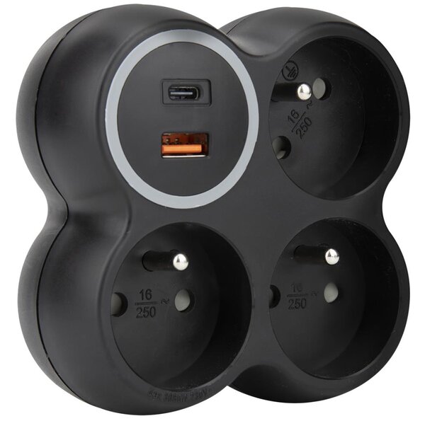 Solight P106CB-PD20 - Rozbočovací zásuvka 3x 15A USB A+C černá