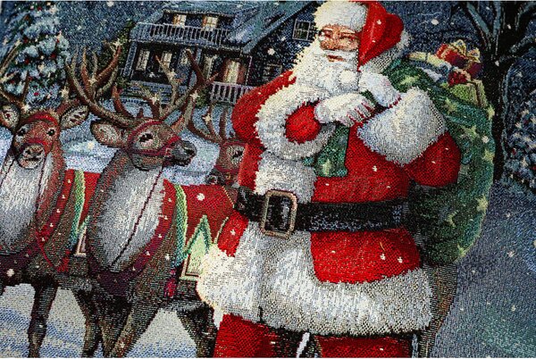 Vánoční gobelínový povlak na polštář s lurexem – Santa Claus s jeleny Barva Vícebarevná Rozměry 42x42 cm