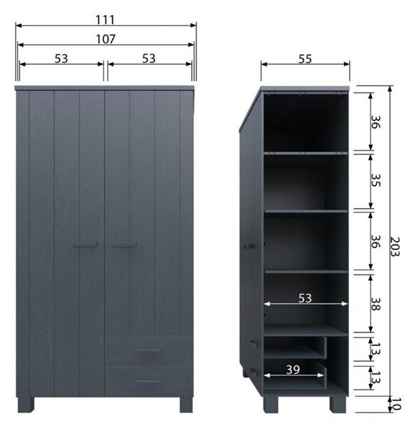 WOOOD Ocelově šedá borovicová šatní skříň se zásuvkami Koben 202 x 111 cm II