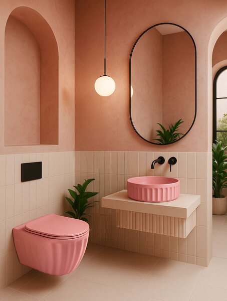 Sada: Závěsná WC mísa + Umyvadlo na desku Rea Light Pink Matt
