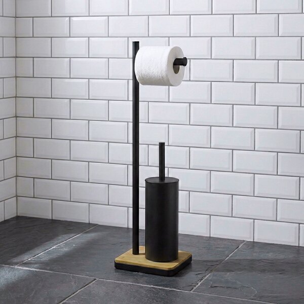 WC štětka s držákem na toaletní papír a bambusovou podložkou IVLO, 65 cm – černá