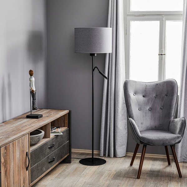 Nowodvorski Lighting Stojací lampa Hotel Plus - šedé stínidlo na lampu a čtení, Hliník / šedá / zinek, Obývací pokoj / jídelna, Textil / tkanina / hedvábí, Moderní