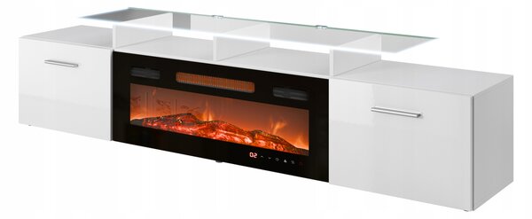 TV skříňka ROVA EF 190 cm s černým elektrickým krbem bílý lesk LED