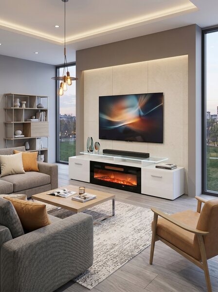 TV skříňka ROVA EF 190 cm s černým elektrickým krbem bílý lesk LED