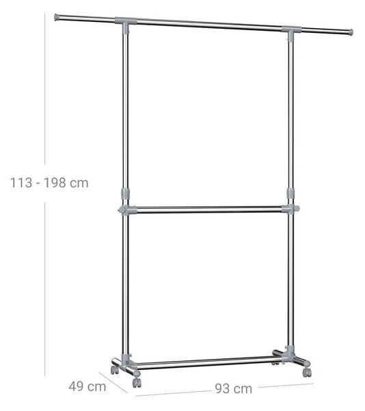 Stojan na oblečení dvoustupňový JASON 93x49x113-198cm, stříbrná SongmicsHome