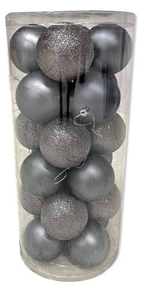 DECOLED Sada vánočních ozdob tmavě stříbrná 6 cm plastové baňky, 12× glitter, 12× mat, balení 24 ks