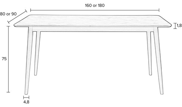 White Label Černý jasanový jídelní stůl WLL FABIO 160 x 80 cm