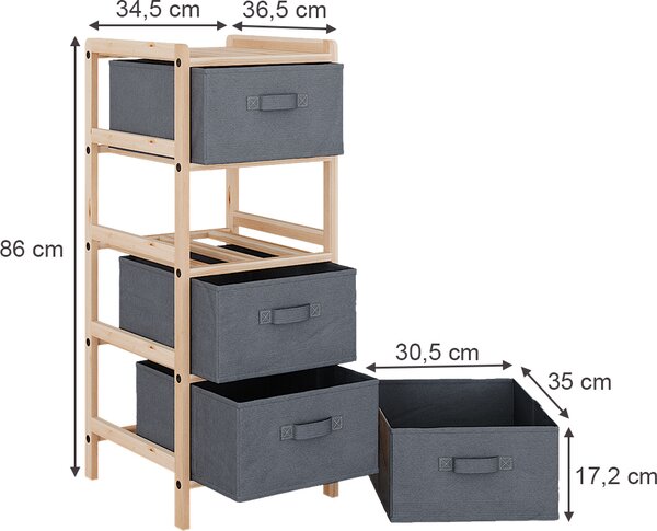 Koupelnová skříňka Vicco Bruno Šedá 34.5 x 86 cm se 4 látkovými zásuvkami, Model 49380