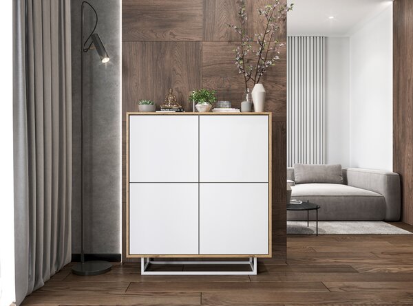 Komoda RTV ve stylu loft Dub Wotan Apollo 4D - Moderní - Nábytek Lindner - 113 cm x 35 cm x 127 cm, Barva: dub Wotan matný - Bílý matný