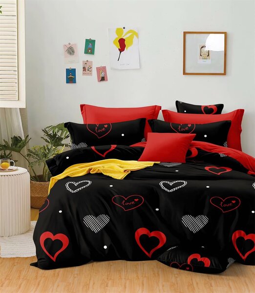 Bavlissimo 7-dílné povlečení srdce love bavlna/mikrovlákno černá červená 140x200 na dvě postele